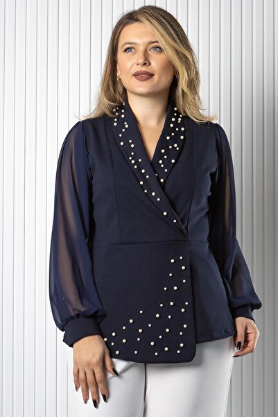 SUBU TASARIM Блузка з шовковою деталлю та рукавами з шифону, темно-синя TBS984