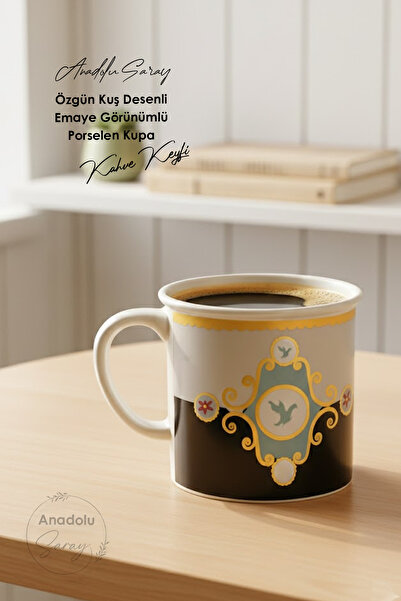 Anadolu Saray Original Bird Pattern Enamel-Looking Porcelain Mug |   Luxury Coffee Tea Delight