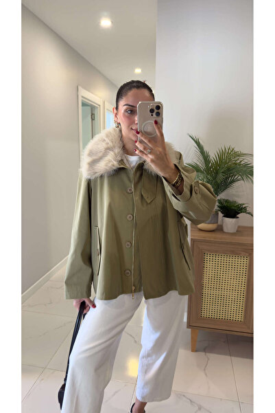 BİRCANÇİL Joosa Khaki Fur Collar Detailed Trench Coat