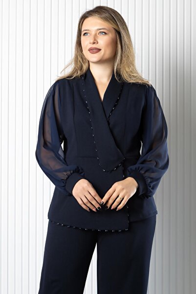 SUBU TASARIM Σετ μανίκια σιφόν διπλό πέτο τεμαχίων Navy Blue TBS966