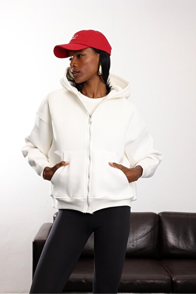 5in1Canpolat White Zippered Hooded Sweatshirt 10822
