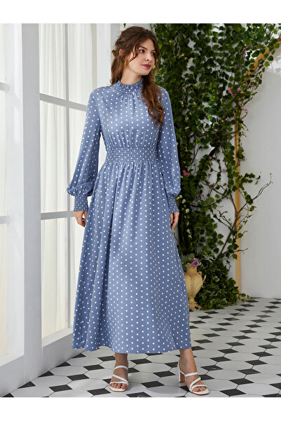 FridayIn Female Sweet High collar Dots Basic fitness Long dress