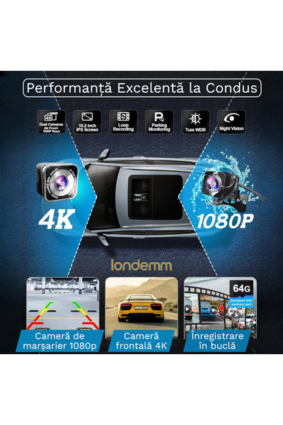 LONDEMM Navigatie Auto Multimedia 10.26" LONDEMM, Camera Fata-Spate 4K+FullHD, Apple CarPlay/Android Auto