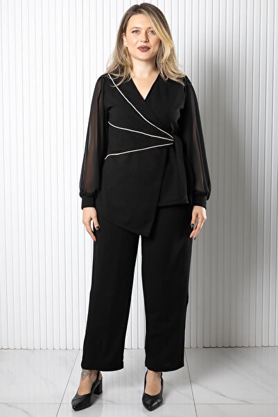 SUBU TASARIM διπλό πέτο Σετ μπλούζα και παντελόνι Μαύρο TBS964