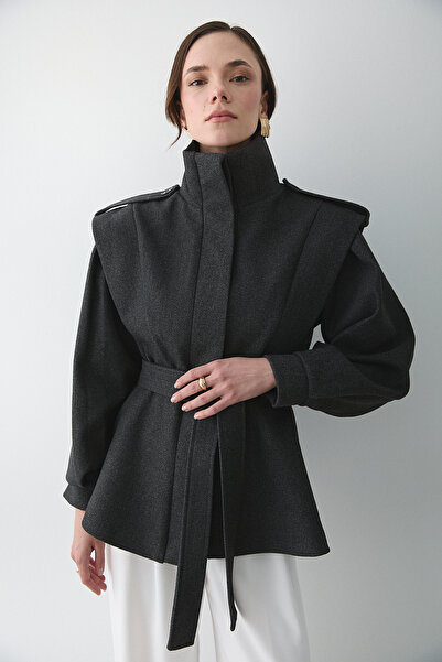 Laluvia Anthracite Epauletted Shoulder Pad Piece Cashmere Coat - 1005