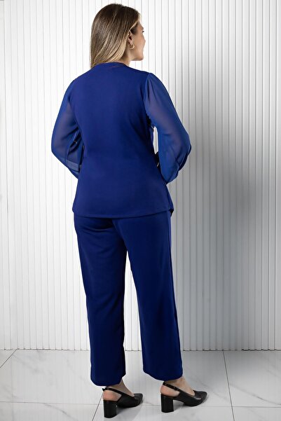 SUBU TASARIM διπλό πέτο Σετ μπλούζα και παντελόνι μπλε κοβαλτίου TBS964
