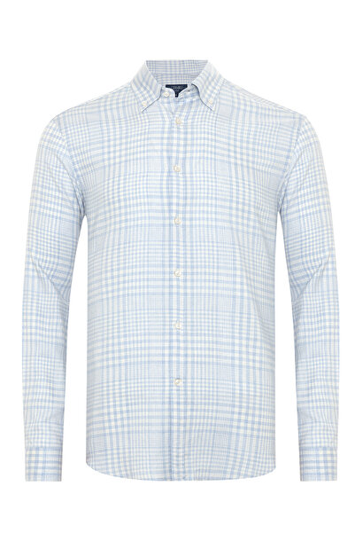 Germirli Blue Plaid Buttoned Collar Tailor Fit Lyocell Wool Shirt