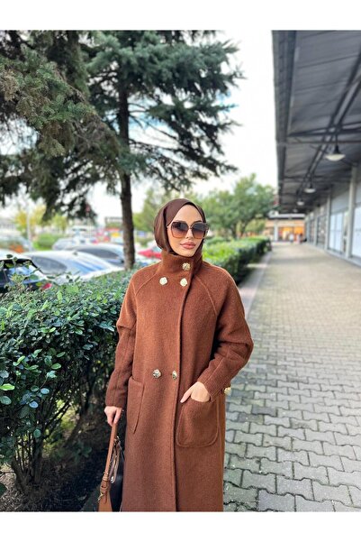 Minel Women's Tan Long Buttoned Coat 01