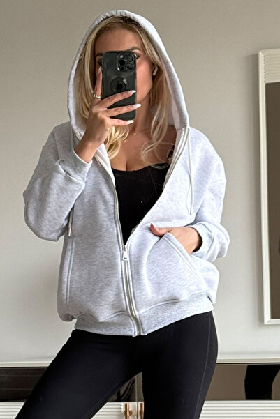 CİDDE Γυναικείο φούτερ με φερμουάρ με κουκούλα Three Thread Ş επένδυση fleece