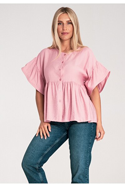 Figl Bluză cu volane - Bluză tip cămașă de damă - Bluză roz M1211 mărimea S/M