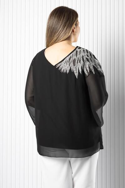 SUBU TASARIM Μπλούζα από σιφόν με έναν ώμο με κέντημα μαύρο TBS972