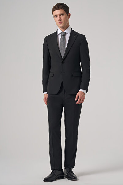 Morven Men's Black Polyviscon Basic Slim Fit Pointed Collar Suit