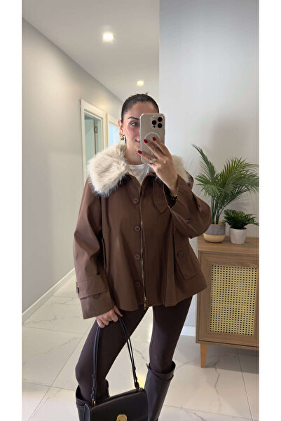 BİRCANÇİL Joosa Kahve Kürk Yaka Detaylı Trençkot