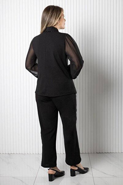 SUBU TASARIM Σετ μανίκια σιφόν διπλό πέτο τεμαχίων μαύρο TBS966