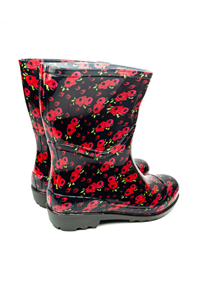 BABALİ 15101 Ulaş Κόκκινες κοντές γυναικείες μπότες βροχής με λουλούδια