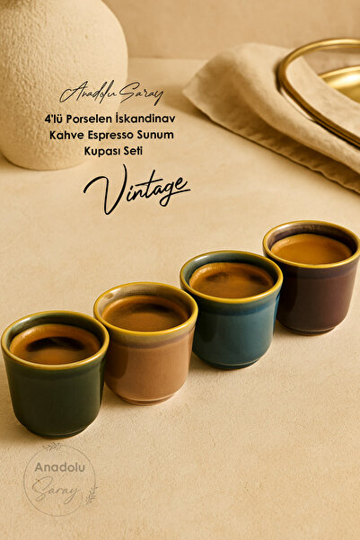 Anadolu Saray 4-Piece Porcelain Nordic Glazed Coffee Espresso Presentation Cup Set Vintage Style