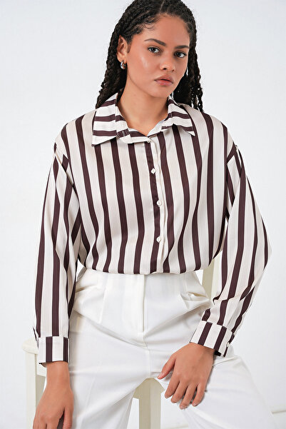 Bigdart 3964 Ελαφρύ ντραπέ σατέν πουκάμισο - Μ. Καφέ