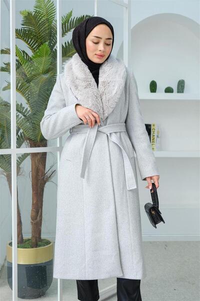 KULVAR TREND K3121 Yakası Kürklü Kuşaklı Kaşe Kaban Gri