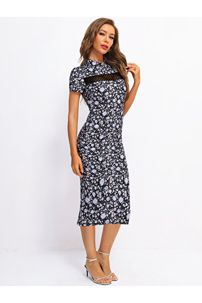 FridayIn فستان نسائي مثير بياقة عالية وزهور وضيق متوسط الطول