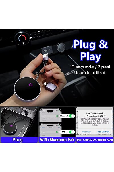 LONDEMM Adaptor Auto Wireless 2 in 1 LONDEMM, Modul Apple CarPlay & Android Auto, Procesor AI