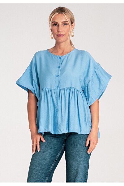 Figl Bluză cu volane - Bluză tip cămașă de damă - Bluză albastră M1211 mărime...