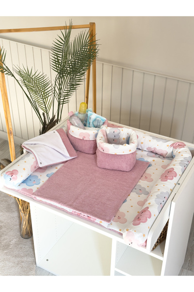 Pastelya Pink Cloud Patterned Baby Diaper Changing Set, Waterproof Changing Pad, Diaper Changing Mat
