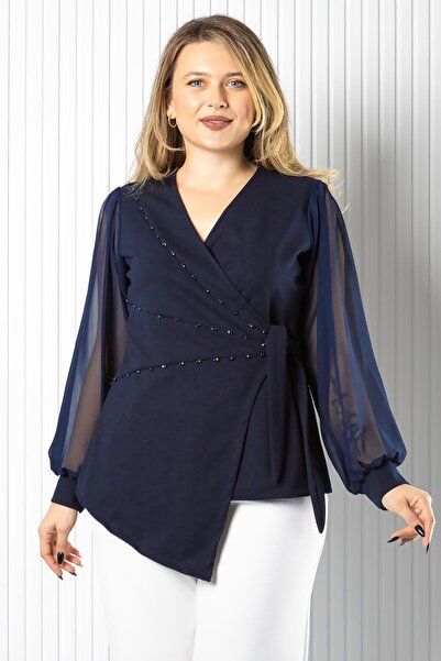 SUBU TASARIM Chiffon Sleeve Tie Detail Blouse Navy Blue Tbs986