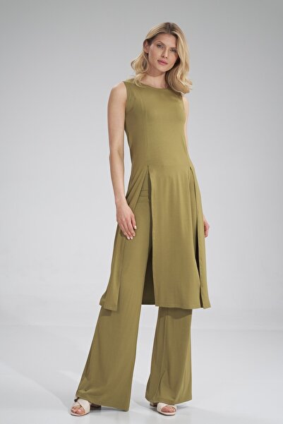 Figl Tunica lungă de damă - tunică cu crăpături, măsliniu deschis M780, mărim...