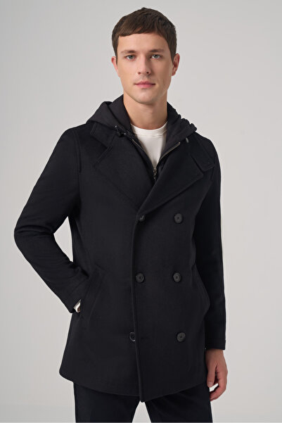 Morven Men's Black Wool Turn-Down Collar Hooded Dynamic Fit Coat