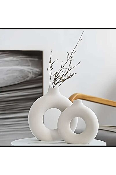 YILDIZ DECOR Bohemian Ring Vase Set (Large 21 Cm, Small 15cm) Decorative, Gift Raw White