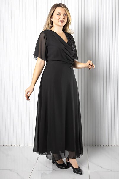 SUBU TASARIM Sequin Detailed Chiffon Dress Dress Black Tbs978