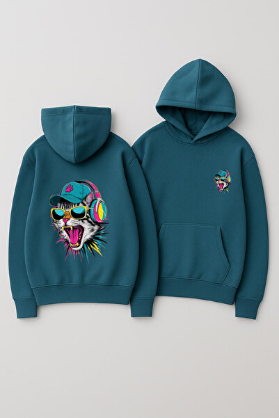 CLASSY.MODA Unisex με κουκούλα oversized με τύπωμα Φούτερ – Νέον Ακουστικά Γάτας Γυαλιά Streetwear