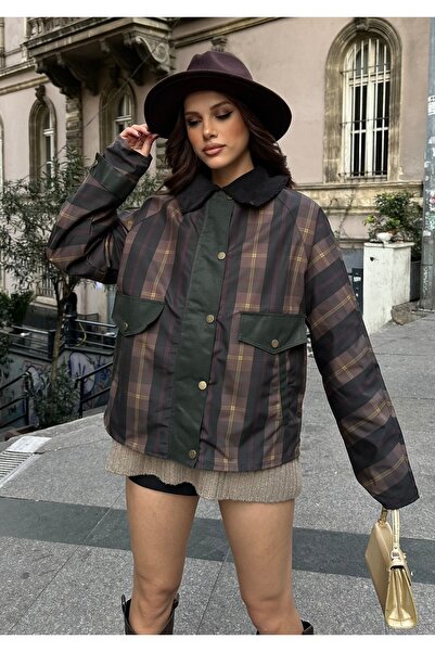 BEJNA Γυναικείο μπουφάν με καρό σχέδιο με βελούδινο γιακά