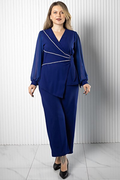 SUBU TASARIM διπλό πέτο Σετ μπλούζα και παντελόνι μπλε κοβαλτίου TBS964