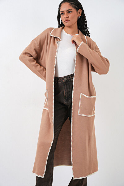 Bigdart Γυναικεία μακριά πλεκτή ζακέτα oversized 15962 - Camel