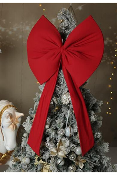 Beige & Stone Kurdele Yıllbaşı Ağaç Süs Noel Dev Kırmızı Fiyonk 55x150 cm Büyük