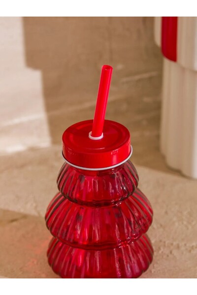 LC Waikiki Lcw Home Red Tree Figured Glass Cup with Straw 200 ml