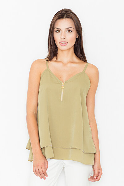 Figl Blouse with thin straps - blouse with zipper at the neckline, olive M481, size L