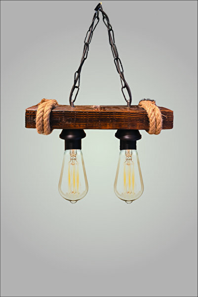 Bakasana El Yapımı Rustik Ahşap Avize Çift Lambalı