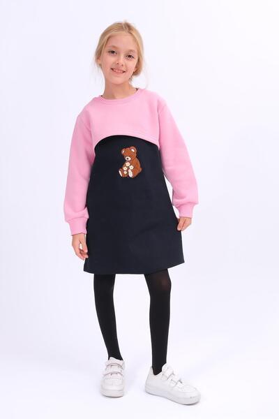 Perendi Girl's Teddy Bear Embroidered Dress and Crop Sweatshirt – Pink