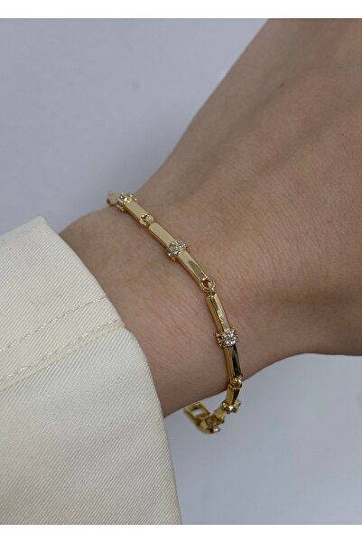 KİLİGİSTANBUL 14K ALTIN GÖRÜNÜMLÜ PREMİUM TAŞLI ÇUBUK BİLEKLİK (KARARMALARA K...