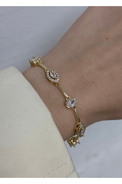 KİLİGİSTANBUL 14K ALTIN GÖRÜNÜMLÜ PREMİUM SIRALI 5 TAŞ BİLEKLİK (KARARMALARA ...