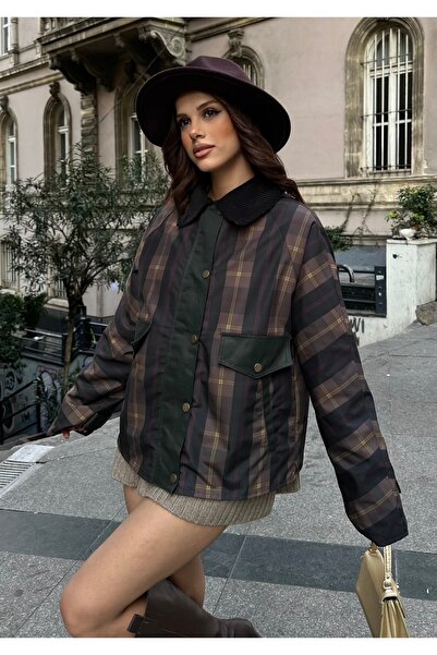 BEJNA Γυναικείο μπουφάν με καρό σχέδιο με βελούδινο γιακά