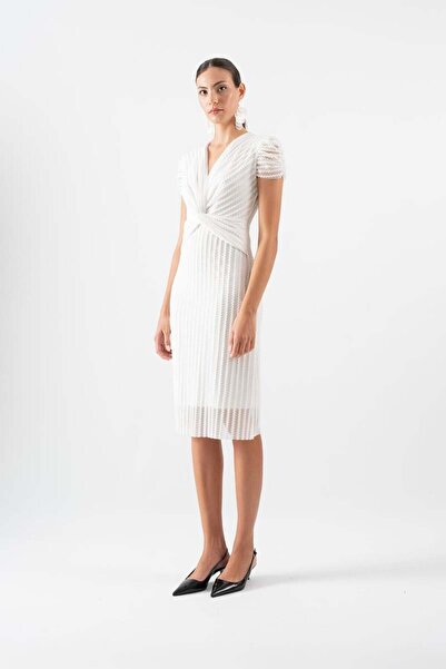 Spazio Ormanna V Yaka Beli Düğümlü Kısa Kol Elbise EKRU