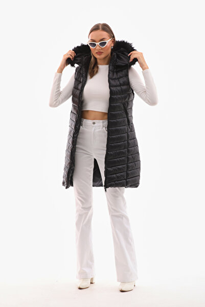 THE WOOW Women's Hooded Fur Detailed Black Long Puffer Vest