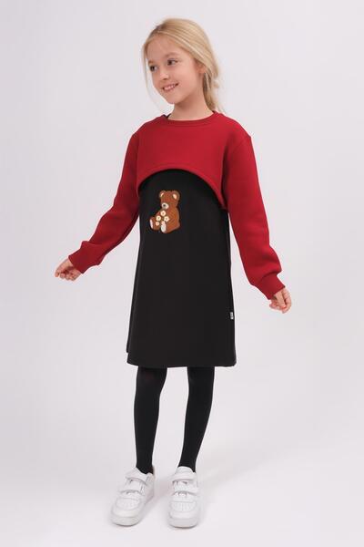 Perendi Girl's Teddy Bear Embroidered Dress and Crop Sweatshirt – Burgundy
