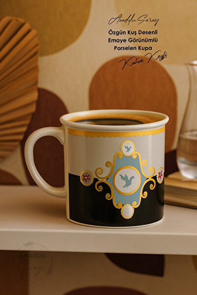 Anadolu Saray Original Bird Pattern Enamel-Looking Porcelain Mug |   Luxury Coffee Tea Delight