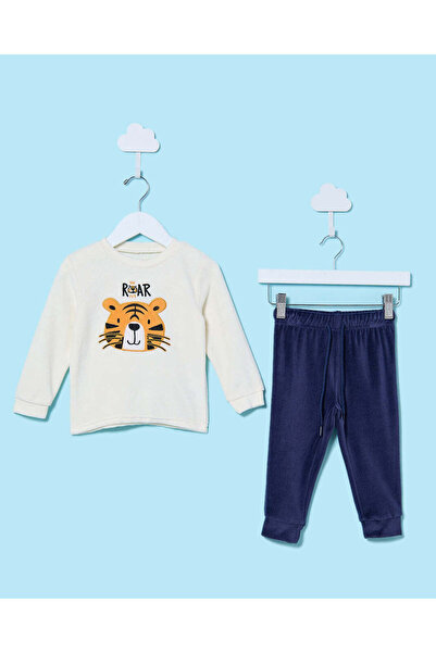 REDTAG Infant Boys White And Navy Velour Pyjama Set (2 Piece)