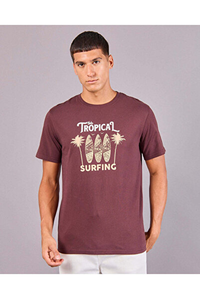 REDTAG Men Burgundy Basic Graphic T-Shirt