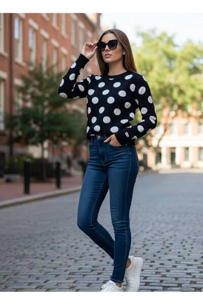 YusGos Women's Crew Neck Steel Mesh Polka Dot High Quality Knitwear Sweater